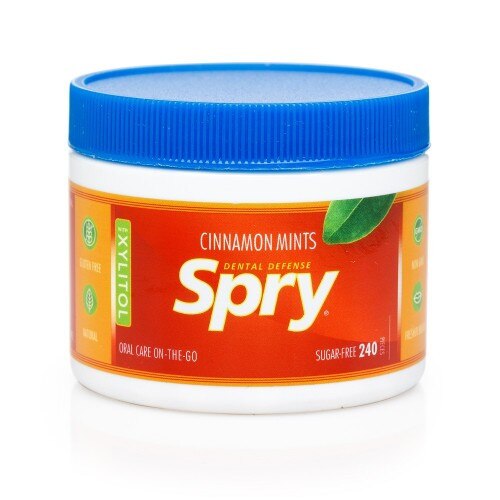 Drajeuri cu xylitol, Spry de la Xlear, fara zahar, ingrediente naturale, aroma scortisoara (cinnamon), borcan cu 240 bucati