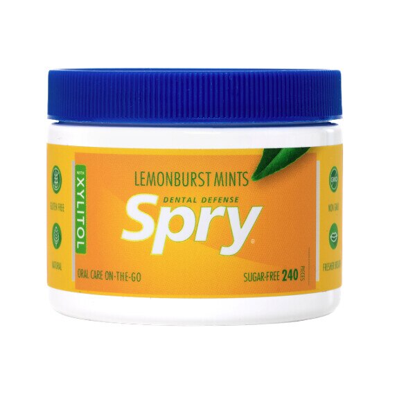 Drajeuri cu xylitol, Spry de la Xlear, fara zahar, ingrediente naturale, aroma lamaie (lemon), borcan cu 240 bucati