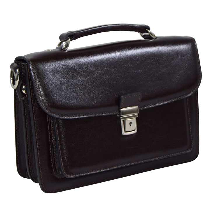 Borseta de mana cu capac, piele maro inchis, MAGAZINULDEGENTI, model 011