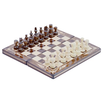 Joc Sah si Table din Lemn Lucrat Manual, 26x26 cm, Maro cu Alb Joc Sah si Table din Lemn Lucrat Manual, 26x26 cm, Maro cu Alb