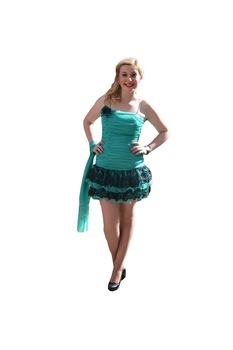 Rochie eleganta cu trena din volanase,insertii de paiete argintii,D&J Exclusive, Negru-turcoaz Rochie eleganta cu trena din volanase,insertii de paiete argintii,D&J Exclusive, Negru-turcoaz