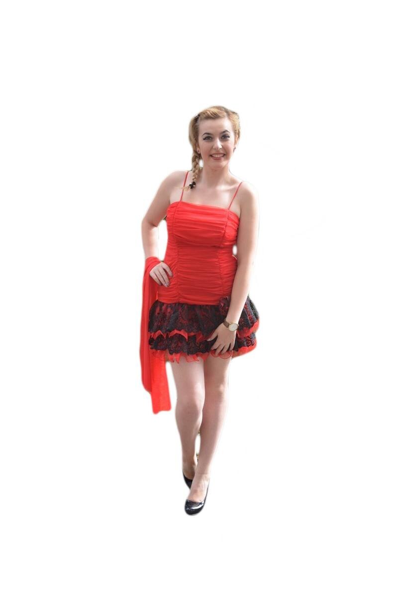 Rochie eleganta cu trena din volanase,insertii de paiete argintii,D&J Exclusive, Rosu/Negru