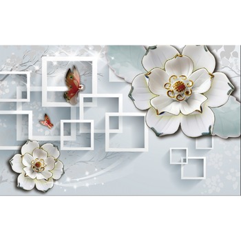 Autocolant Flori, fluturi si patrate, 270 x 200 cm Autocolant Flori, fluturi si patrate, 270 x 200 cm