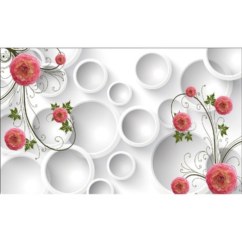 Fototapet de perete autoadeziv si lavabil Bujori rosii si cercuri, 270 x 200 cm Fototapet de perete autoadeziv si lavabil Bujori rosii si cercuri, 270 x 200 cm