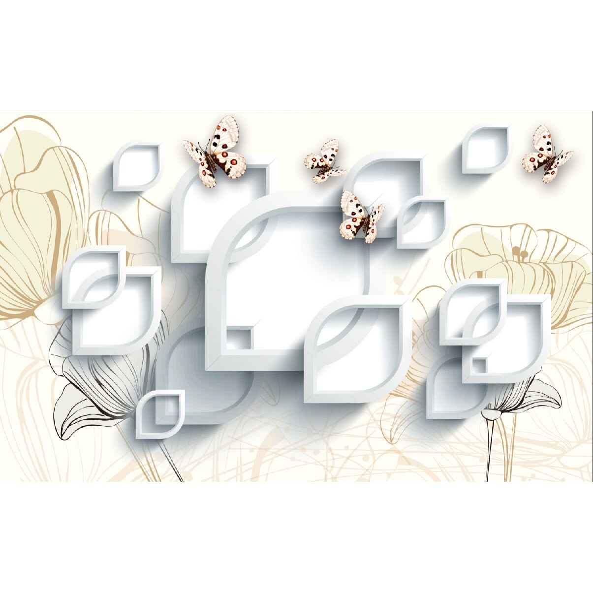 Fototapet de perete autoadeziv si lavabil Bujori, fluturi, maci, 220 x 135 cm