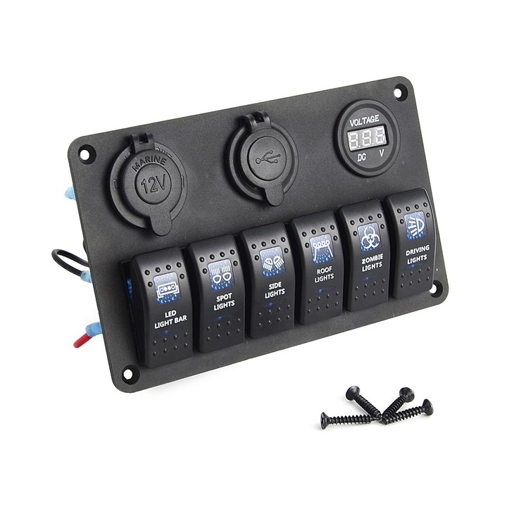 Panou voltmetru, usb, priza 12V si 6 intrerupatoare Lumi