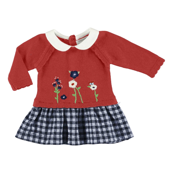 Rochie tricotata bebe cu model Floricele, Rosu/Bleumarin