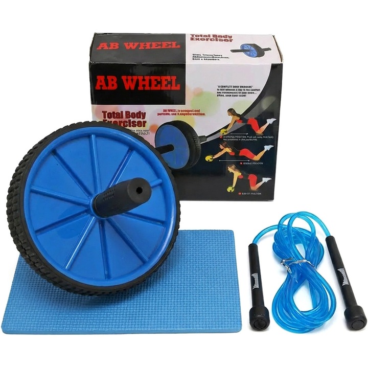 Set Roata pentru exercitii de abdomen Armageddon Sports, AB Wheel 3 in 1, Alb/Albastru
