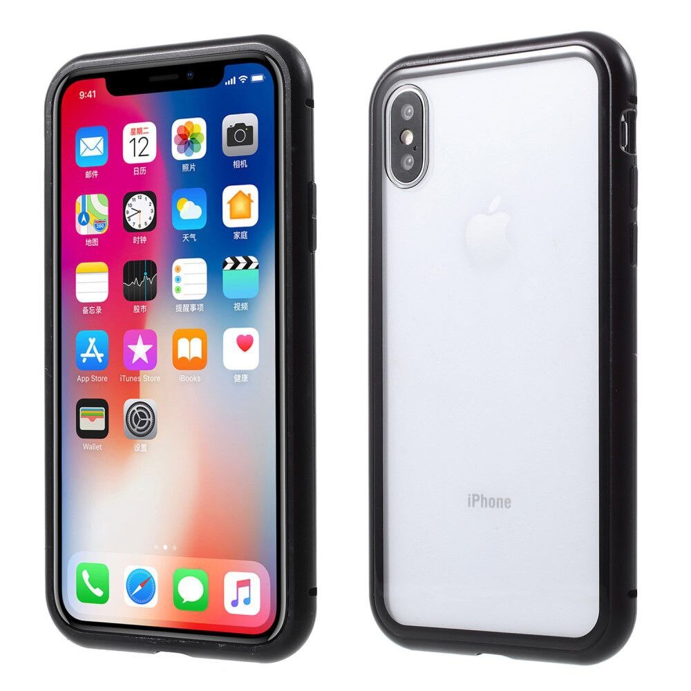 Husa iPhone XS Max - Cadru metalic cu magneti de prindere, Spate din sticla securizata, Neagra