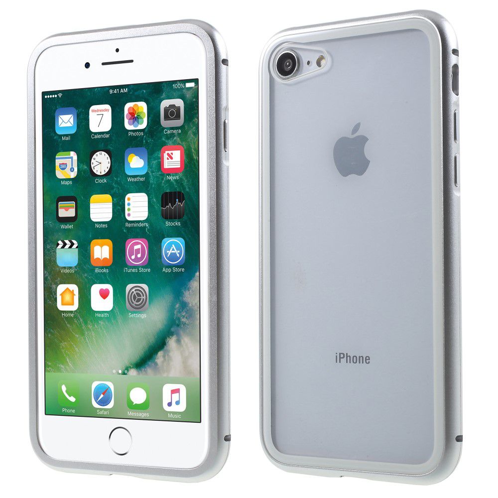 Husa iPhone 7/8 - Cadru metalic cu magneti de prindere, spate din sticla securizata, argintie