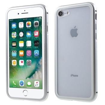 Husa iPhone 7/8 - Cadru metalic cu magneti de prindere, spate din sticla securizata, argintie Husa iPhone 7/8 - Cadru metalic cu magneti de prindere, spate din sticla securizata, argintie