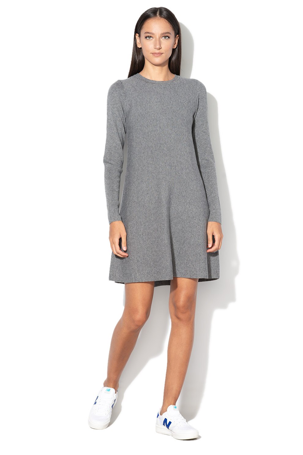 Vero Moda, Rochie mini lejera cu maneci lungi, Gri melange