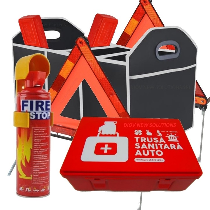 РЯДЪК пакет: Медицинска аптечка за кола + Спрей за пожарогасител за кола + 2 x Авариен триъгълник + Сгъваем органайзер за багажник