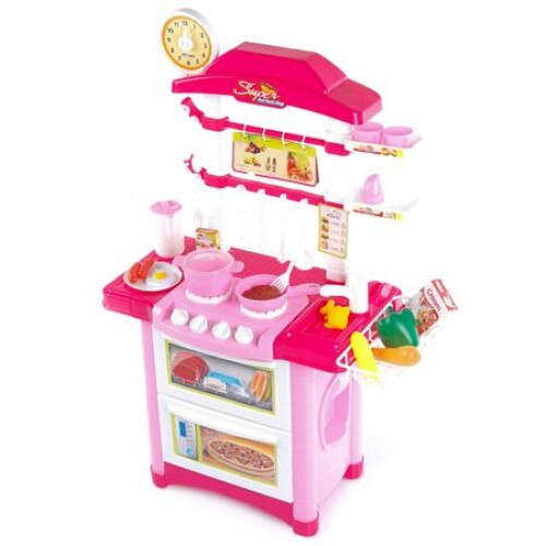 Bucatarie multifunctionala Primul Bucatar, pentru copii cu lumini si sunete, 32 acceosrii incluse, 87 cm INALTIME, chiuveta, aragaz, masina de spalat vase, ideala pentru creativitatea copilului tau , Culoare Roz