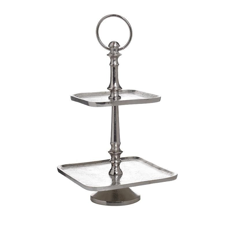 Platou metalic supraetajat cu 2 nivele pentru fursecuri, prajituri, argintiu, 20 x 32 cm