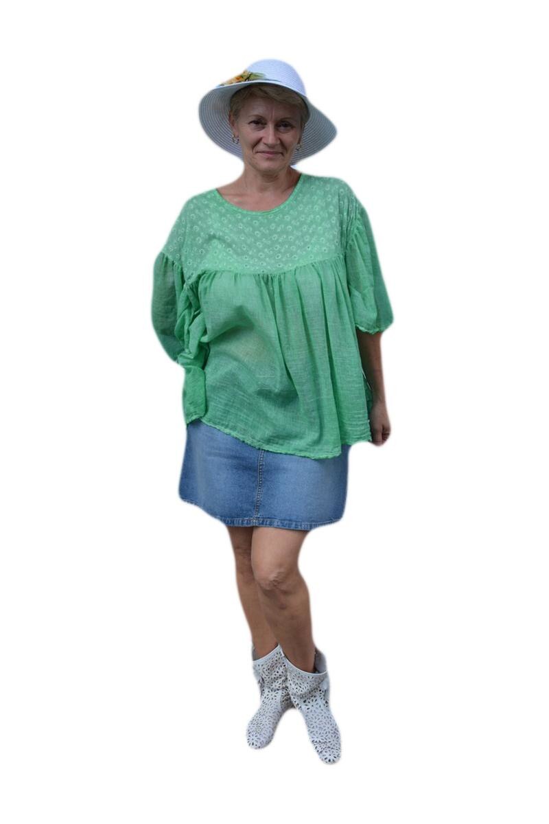 Bluza casual babydoll cu broderie, D&J Exclusive, Verde