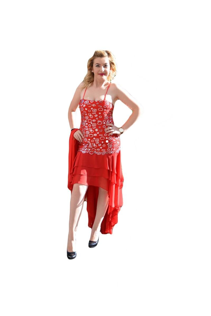 Rochie eleganta cu trena din volanase,insertii de paiete argintii,D&J Exclusive, Rosu