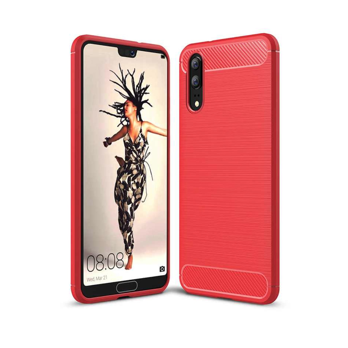 Husa spate, carcasa antisoc silicon su insertii carbon, Rosu, Huawei P20, BBL406