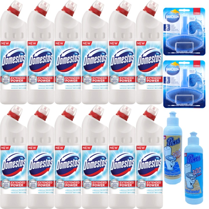 MetaloChimice Fertőtlenítő tisztítószer csomag, 12 x Domestos Ultra White, Univerzális, WC-csészéhez, 750 ml, Sano Fresh WC-levegő frissítő, 55 g, Pons Elegant WC-légfrissítő, 200 ml, Pons Classic WC-légfrissítő, 200 ml