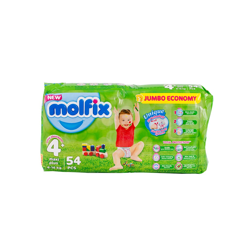 Scutece pentru copii Molfix 4+ maxi plus 9-16kg 54buc