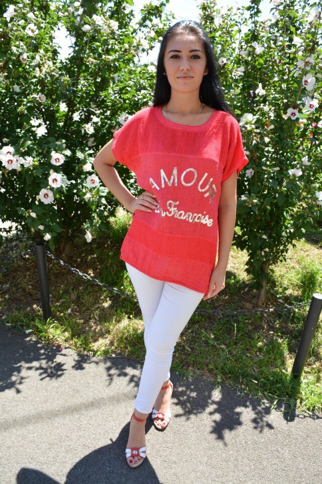 Tricou casual cu design argintiu, D&J Exclusive, Corai