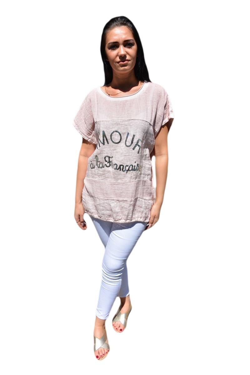 Tricou casual cu design argintiu, D&J Exclusive, pudra