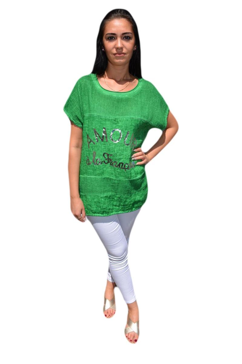 Tricou casual cu design argintiu, D&J Exclusive, Verde