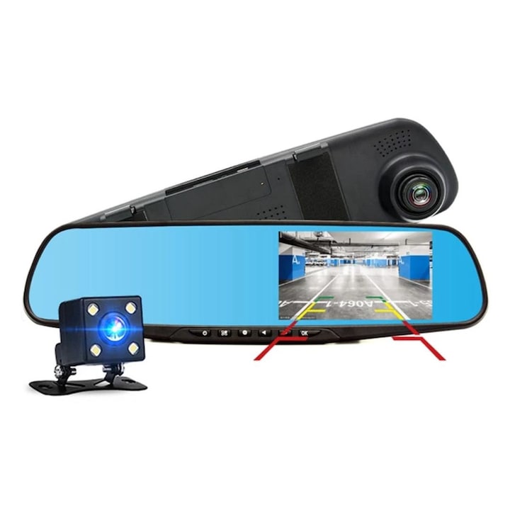 Видеорегистратор Techgosmart DVR огледало за автомобил с предна и задна камера за паркиране