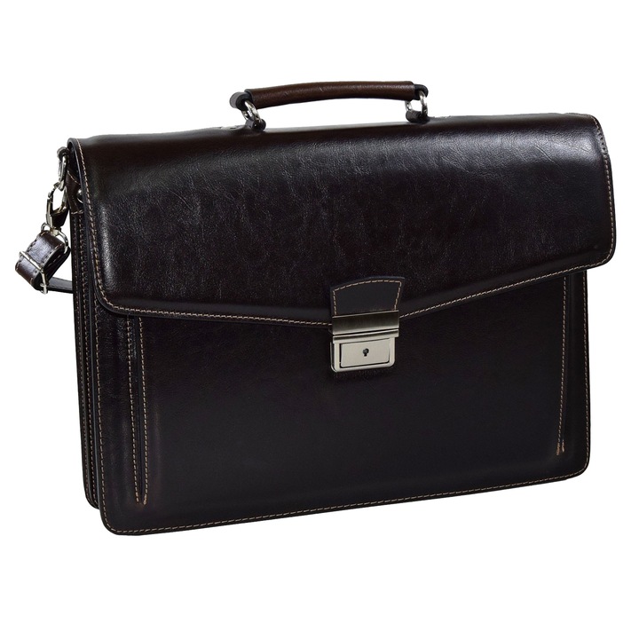 Servieta unisex maro vintage din piele naturala, model 14 clasic, MAGAZINULDEGENTI