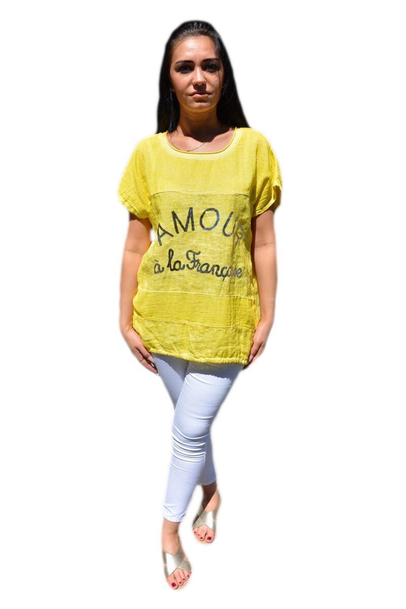 Tricou casual cu design argintiu, D&J Exclusive, Galben