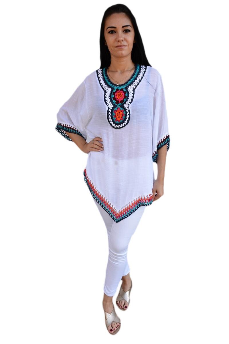 Bluza lejera de vara cu broderie de trandafiri rosii, D&J Exclusive, Alb