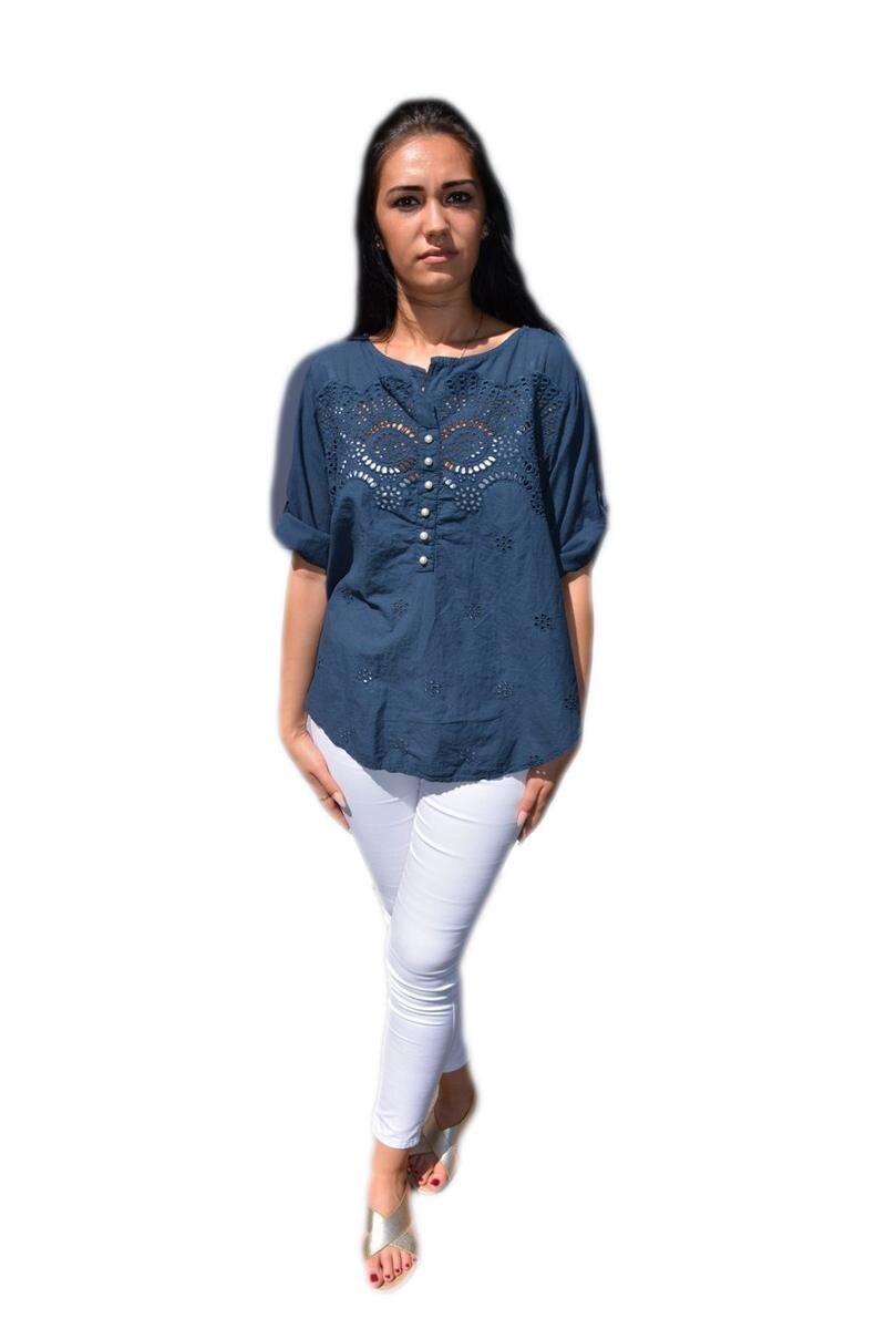 Bluza rafinata cu breoderie florala, D&J Exclusive, Albastru marin