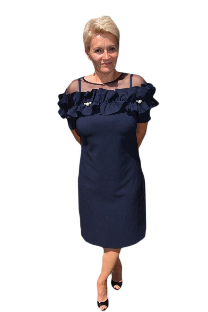 Rochie feminina cu aplicatii florale la decolteu, D&J Exclusive, Albastru marin