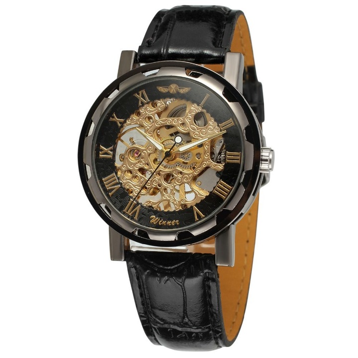 Мъжки часовник T-WINNER, Кожена каишка, Автоматичен механизъм, Fashion style, Включен подаръчен адрес, Черен