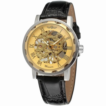 T-WINNER - Мъжки часовник, златен скелет, черна кожена каишка, механичен, моден стил + подаръчна кутия