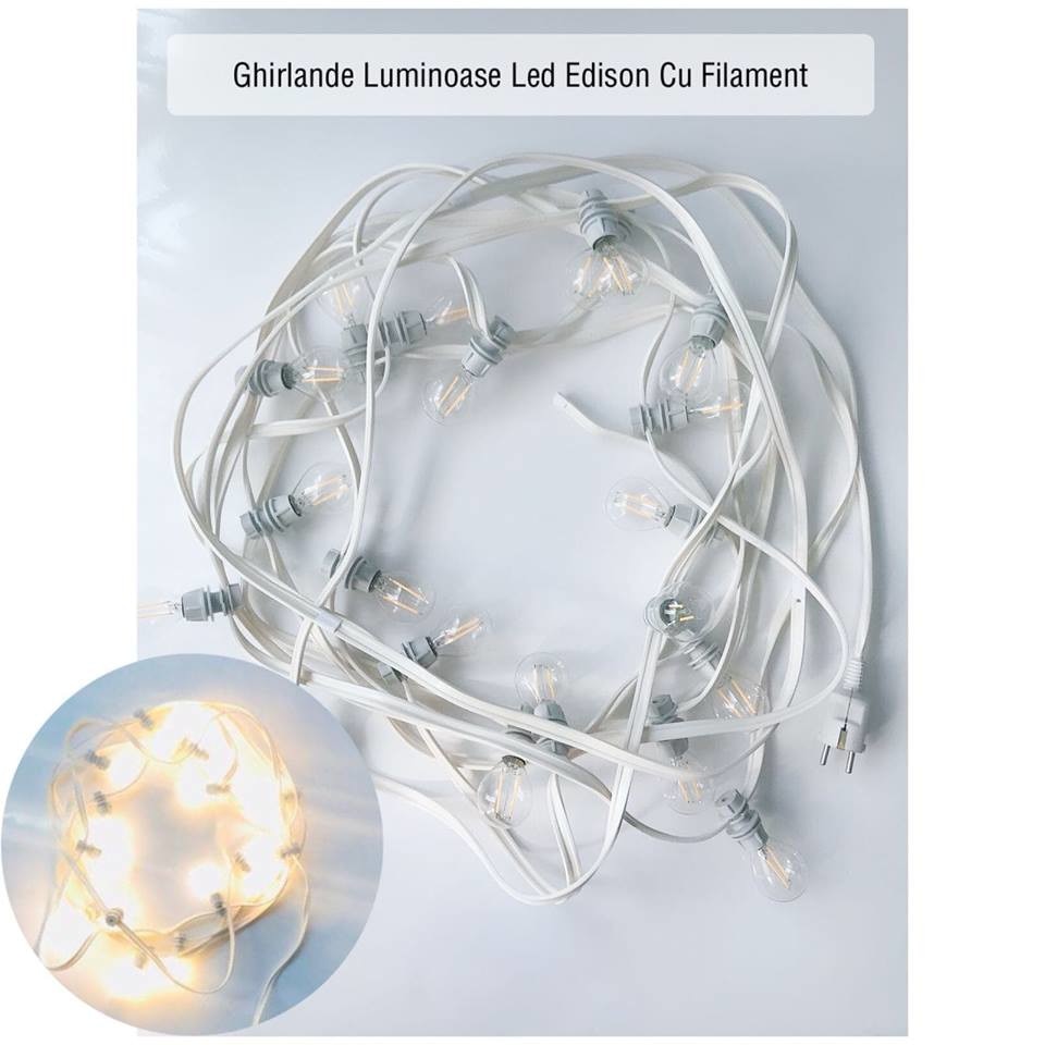 Ghirlande Luminoase, cu Bec Led Edison, Cablu Alb, Lumina Calda, lungime 13 m cu 13 Leduri