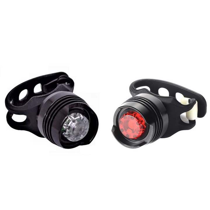 Set 2 bucati, Far + stop ruby LED, 3 moduri luminare, aliaj aluminiu, baterii incluse, negre