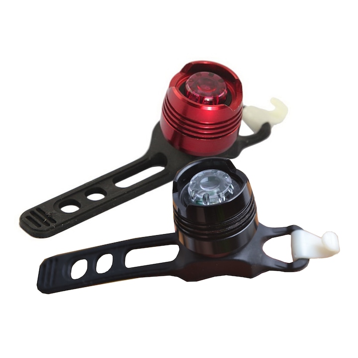 Set 2 bucati, Far + stop ruby LED, 3 moduri luminare, aliaj aluminiu, baterii incluse, negru + rosu