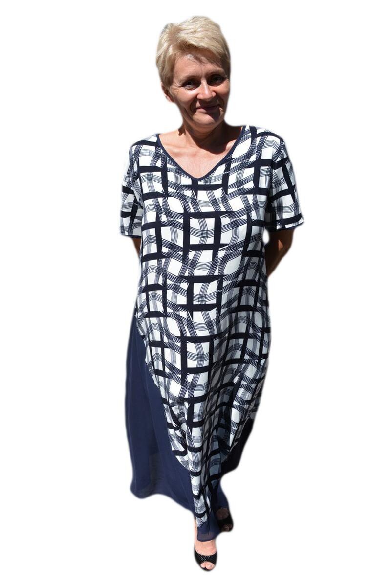 Rochie de zi cu imprimeu de patratele, D&J Exclusive, Bleumarin/Alb