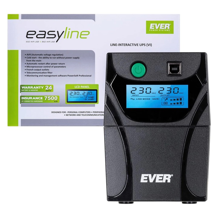 UPS Ever Easyline 650AVR, USB, 360W/650VA, 230V, Negru