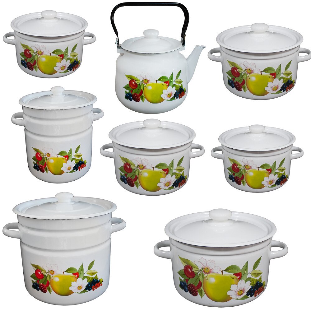 Set 7 oale emailate LETNII SAD 2L 3L,4,5L,5,5L,7L,9L,12L cu ceainic emailat 3,5L