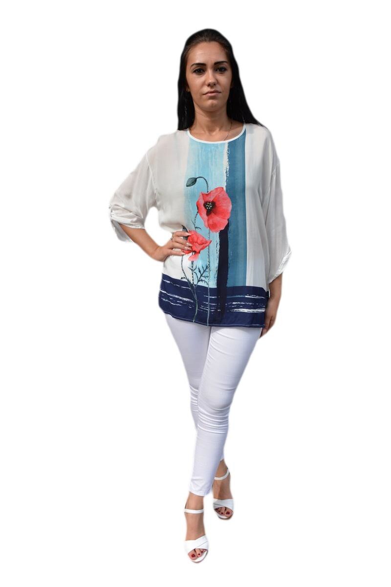 Bluza cu maneca trei sferturi, D&J Exclusive, Alb/Bleumarin