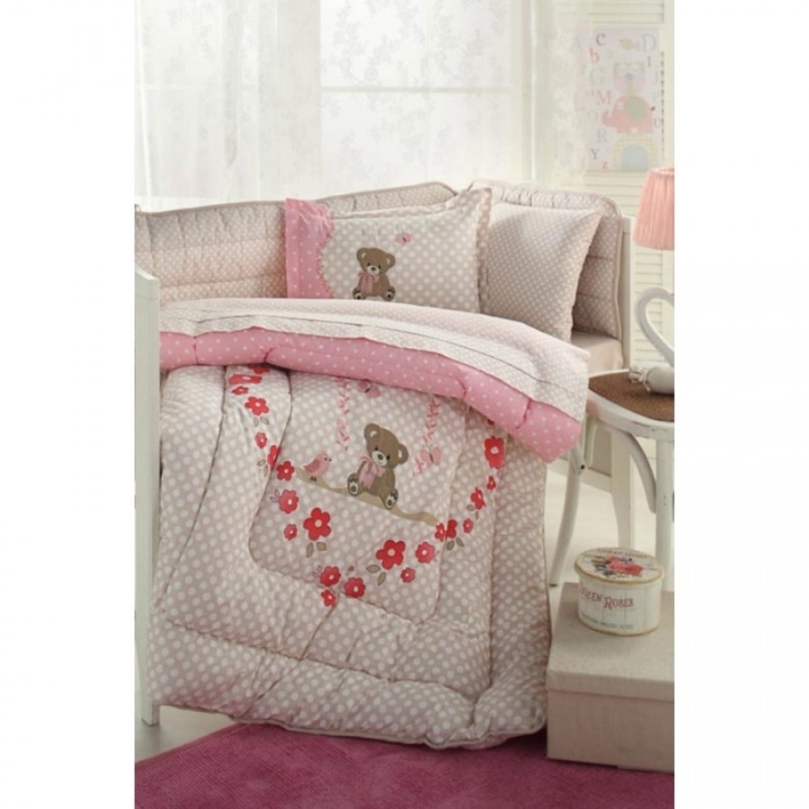 Set lenjerie patut, HEART BEAR, bumbac 100%, bebe, 7 piese, 110x160 / 35x45