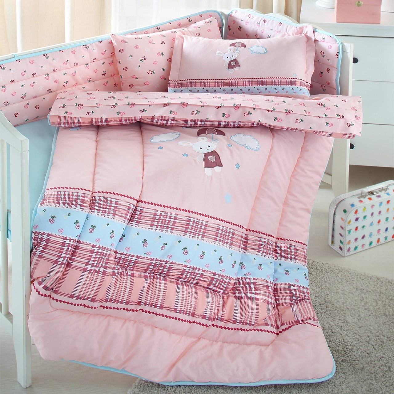 Set lenjerie de pat bumbac RAIN RABBIT, bumbac 100%, bebe, 7 piese, 110x160 / 35x45