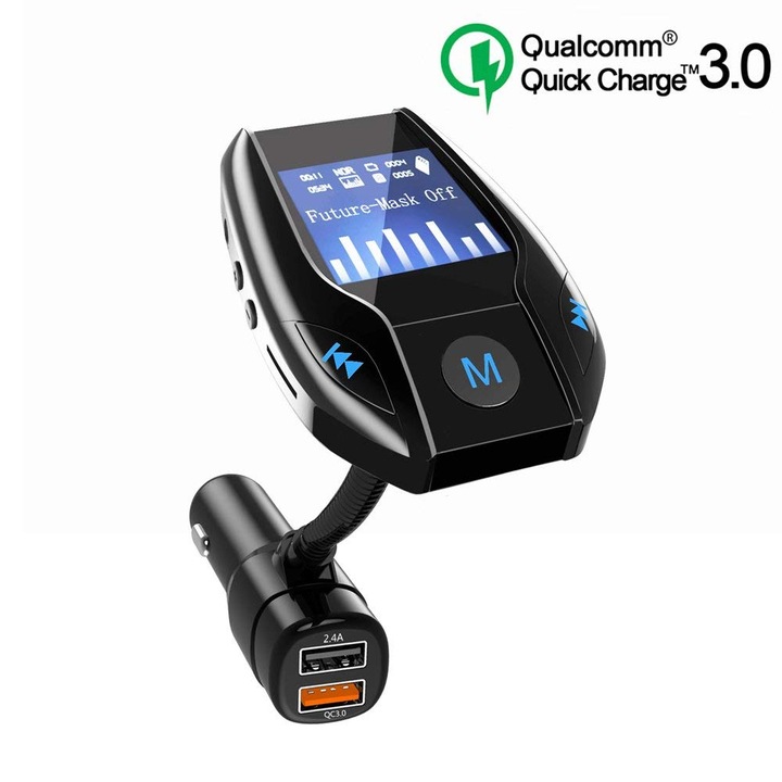 Modulator FM, Bluetooth, Wireless hands-free, LCD 1.44, MP3 player, FM kit, USB 2.4A, QC3.0, USB, AUX In, TF Card