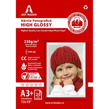 Hartie foto Art Maker, High Glossy, 230g/mp, cc, A3+, 20 coli Hartie foto Art Maker, High Glossy, 230g/mp, cc, A3+, 20 coli
