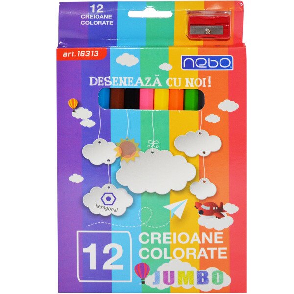 Set NEBO 12 creioane colorate hexagonale cu varf gros si ascutitoare , Robentoys