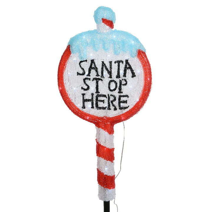 Decoratiune Santa stop here Kaemingk, cu LED, 93 cm, lumina alba rece, Rosu/Alb