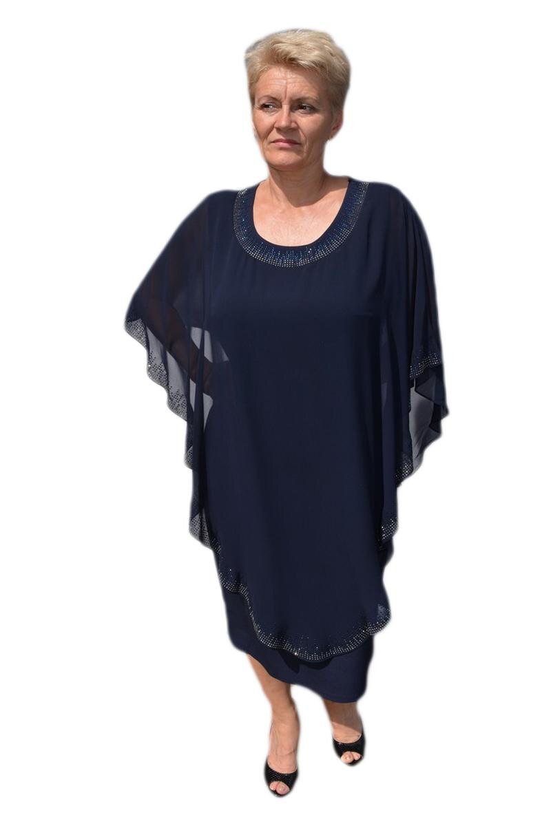 Rochie rafinata cu strasuri la decolteu si voal larg, D&J Exclusive, Bleumarin, Albastru marin