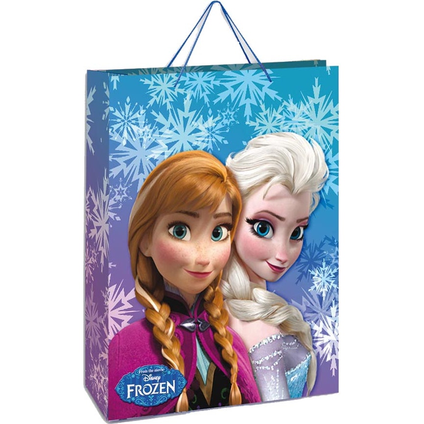 Punga cadou, mare, Anna si Elsa, cu fulgi de zapada, 45x10x33 cm